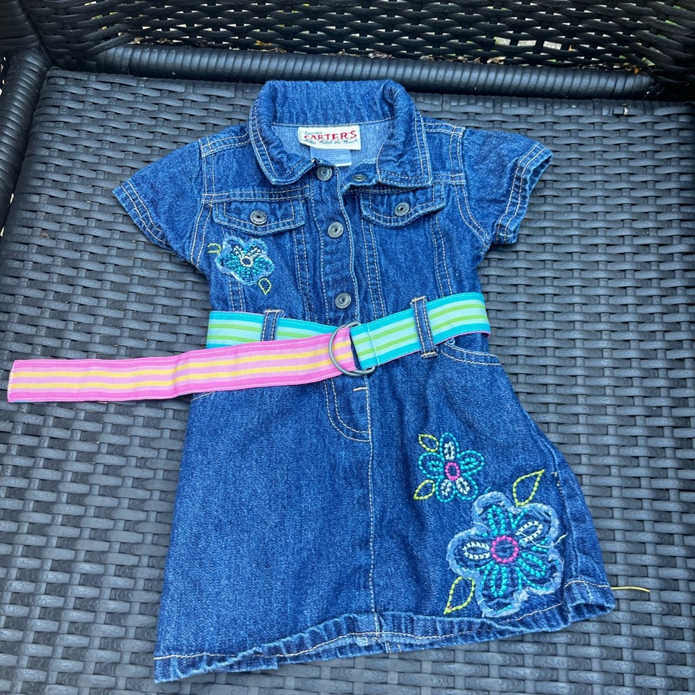 Vintage Carter's Watch the Wear Girls' Denim Dress with Floral Embroidery